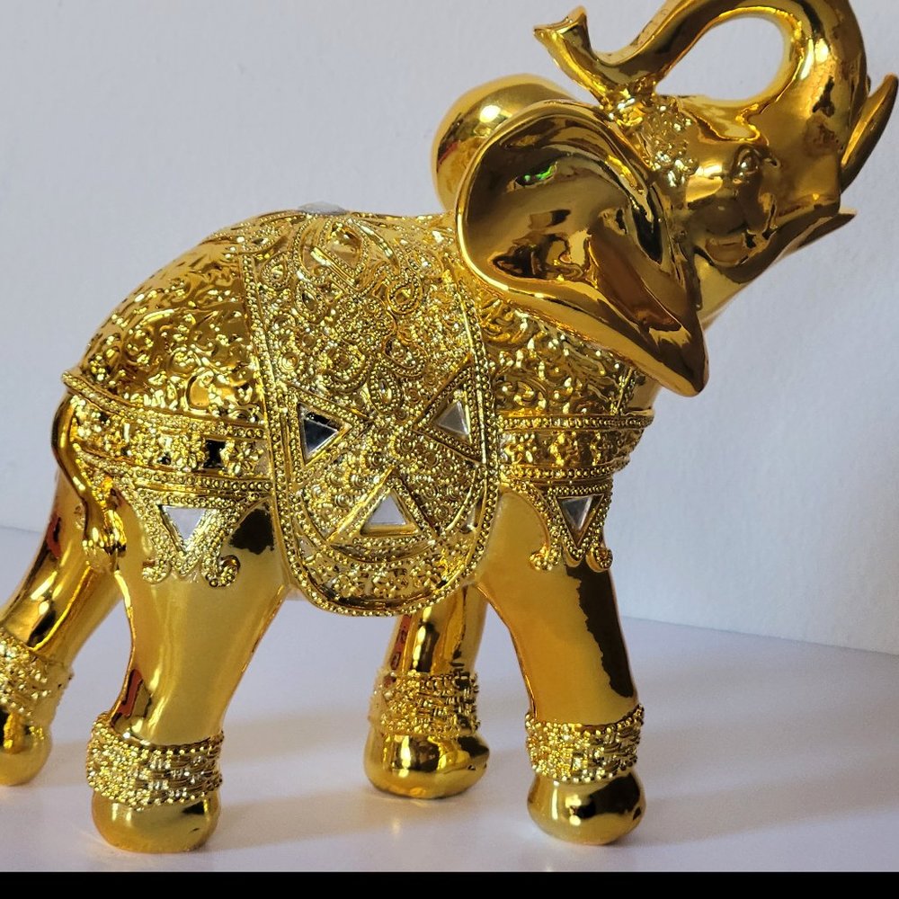 Dalax- 10” (H) Gold Color Elegant Elephant Statue with Trunk Facing Upwards Luck